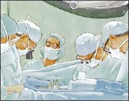 Cinco profissionais de saúde vestindo batas cirúrgicas, máscaras e chapéus que fazem a cirurgia.
