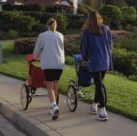 Imagem de duas mães andando com carrinhos de corrida